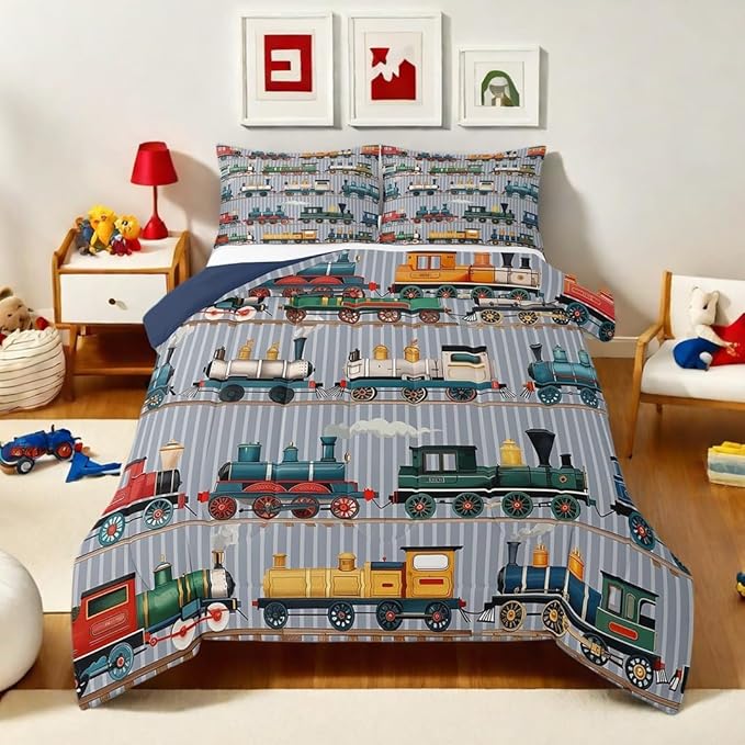 Erosebridal Kids Train Comforter Set - Twin Size for Boys & Girls - Colorful Steam Engine Bedding Sets - Cartoon Train Transportation Comforter with 1 Pillow Case, Gray, Green, Blue, Yellow, White