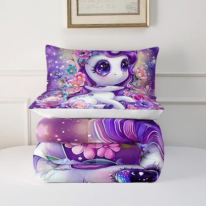 Girls Purple Cartoon Unicorn Comforter Set for Kids Girls Toddlers, Pink Flower Comforter Set Twin Size, 3Pcs Cartoon Kawaii Unicorn Quilte Set Room Decorative