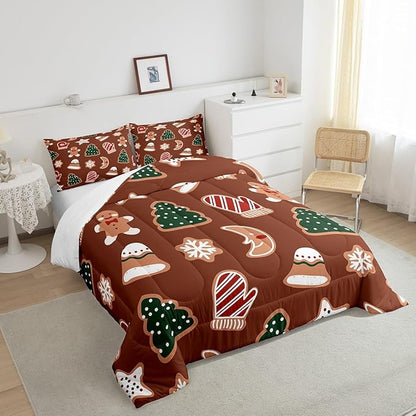 Erosebridal Merry Christmas Comforter Set for Kids Boys Girls,Cartoon Gingerbread Man Christmas Tree Bedding Queen,Cute Xmas Comforter Sets,Moon Snowflake Duvet Insert with 2 Pillowcases