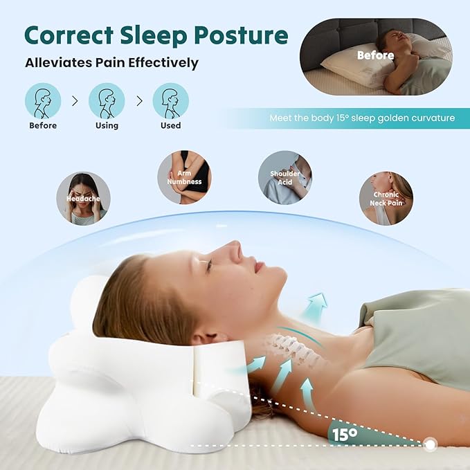Smug Cervical Neck Pillow for Sleeping, Cooling Ergonomic Memory Foam Pillow with Arm Rest Slot and Ice Silk Pillowcase, Dual Height Orthopedic Support Contour for Side, Back, Stomach Sleepers