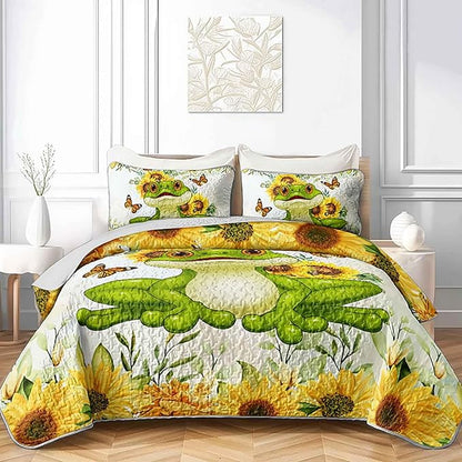 AILONEN Soft Quilt Set King Size,Sunflower Frog Bedspread Coverlet with 2 Pillowcases,3-Piece Yellow Green Lightweight Bed Cover
