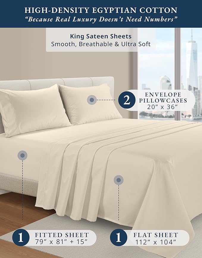 LANE LINEN 100% Egyptian Cotton King Size Sheets Set, Soft & Comfy Luxury Hotel Style Thick Deep Pocket King Sheet Set, No Pill Natural Cooling Elegant, 15" Deep Pocket - Summer Sand