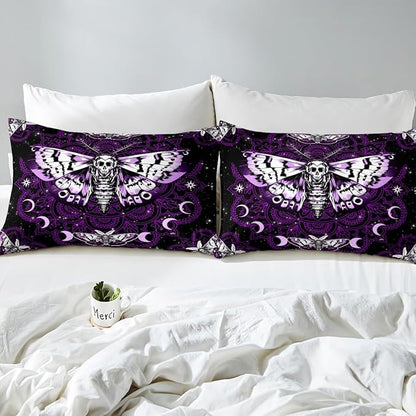 Castle Fairy Moth Skull Comforter Cover Full Size,Gothic Butterfly Skeleton Duvet Cover with 2 Pillowcases,3 Piece,Purple Mandala Stars Moon Polyester Bedding Set for Boys Teens Bedroom Decor