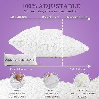 Cooling Shredded Memory Foam Pillow Queen Size Set of 2- Removable Bamboo Rayon Cover + Extra Gel Foam, 100% Adjustable for Back/Side/Stomach Sleepers, Oeko&CertiPUR-US Standard