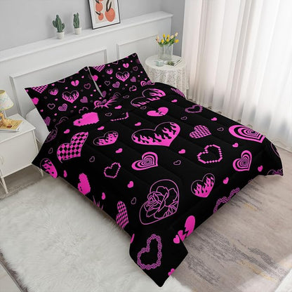 Heart Comforter Set Pink Rose Printed Bedding Set with 1 Comforter and 2 Pillowcases for Boys and Girls Bedroom All Season(Love Queen)