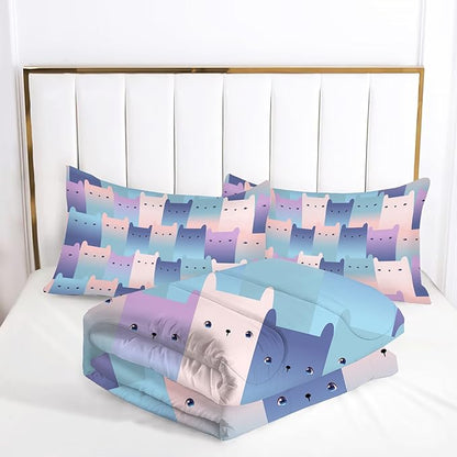 Cat Comforter Set Queen: Cute Gradient Cats Bedding Set for Women Tween Girls Adult Kawaii Kitten Quilts 3 Piece Pet Animal Print Bed Sets 1 Comforter & 2 Pillowcases