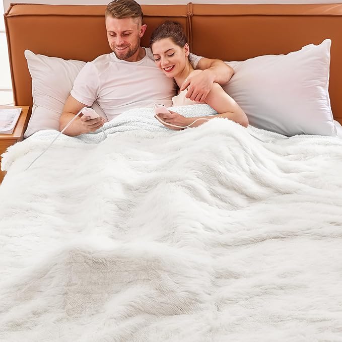 Heated Electric Blanket Queen–Faux Fur with Soft Thick Sherpa,Warm Winter Birthday Gifts for Women Grandma,Dual Control,10 Heat Settings,5 Time Settings, 84x90, Snow Cloud