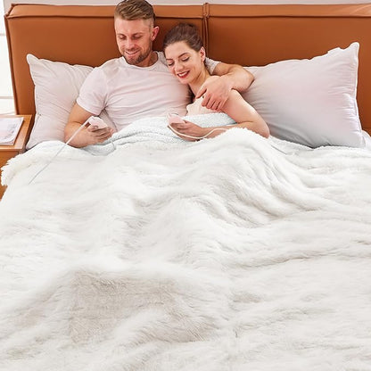 Heated Electric Blanket Queen–Faux Fur with Soft Thick Sherpa,Warm Winter Birthday Gifts for Women Grandma,Dual Control,10 Heat Settings,5 Time Settings, 84x90, Snow Cloud