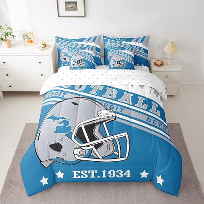 Erosebridal Queen Comforter Set Gridiron Theme Bedding 7 Pieces, 3D Sports Helmet Comforter + Flat Sheet + Fitted Sheet + 2 Pillowcases + 2 Throw Pillow Covers