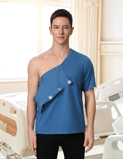 Magnetic Buttons Post Shoulder Surgery Recovery Shirt for Men V-Neck Tear Away Adaptive Chemo Port Clothing for Women