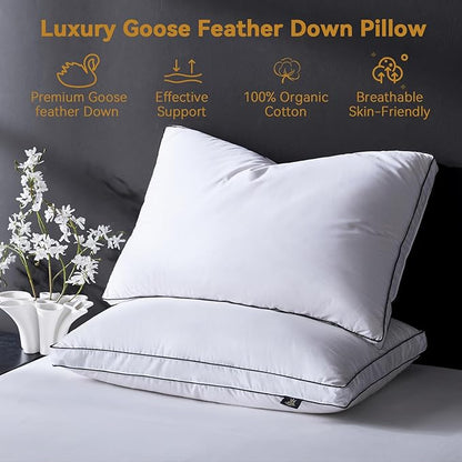 L LOVSOUL Goose Feather Down Pillow Standard Size of 2,Ultra Soft 100% Organic Cotton Fabric, 700TC,800 Fill Power, Luxury Hotel Collection Bed Gusseted Pillows for Back, Stomach or Side Sleepers