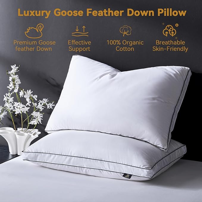 L LOVSOUL Goose Feather Down Pillow Standard Size of 1,Ultra Soft 100% Organic Cotton Fabric, 700TC,800 Fill Power, Luxury Hotel Collection Bed Gusseted Pillows for Back, Stomach or Side Sleepers
