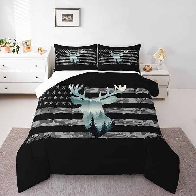 Feelyou Deer Hunting Comforter Set Full, Camo Deer Hunting Bedding Set for Kids Forest Smoky Deer Comforter American Flag Deer Duvet Set with 2 Pillow Case