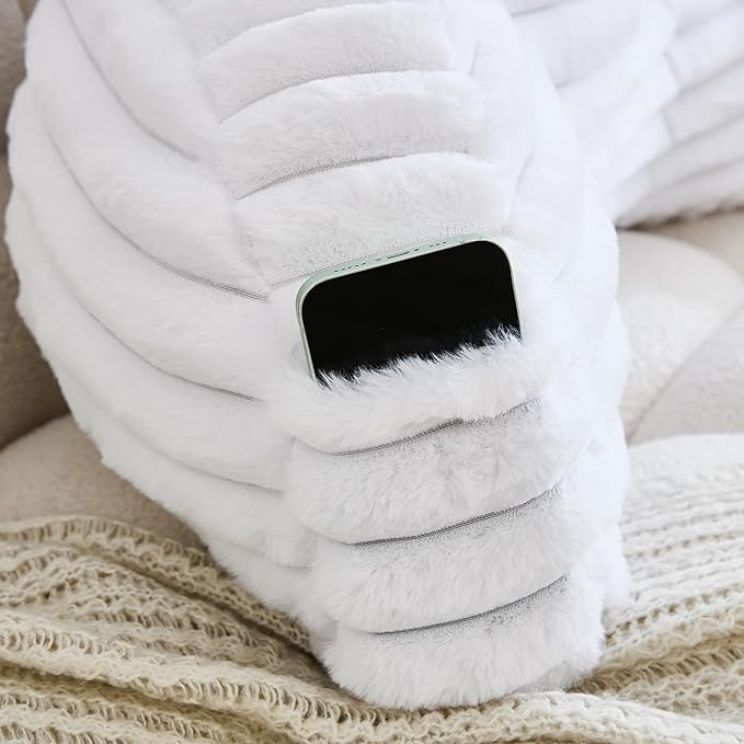 WERDIM Reading Pillow for Sitting in Bed, Faux Fur Back Pillow for Rest, Bed Chair Pillow with Arms and Pockets(XLarge, White)