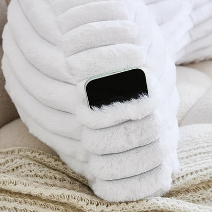WERDIM Reading Pillow for Sitting in Bed, Faux Fur Back Pillow for Rest, Bed Chair Pillow with Arms and Pockets(XLarge, White)