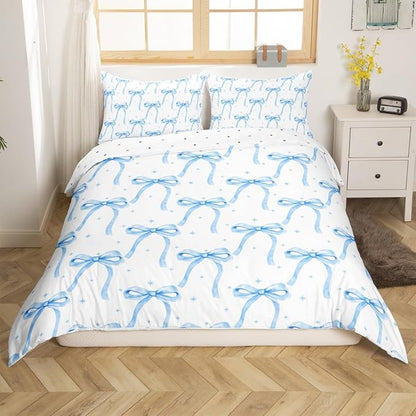 Cartoon Bowknot Girls Duvet Cover Set King Size Kids Bow Tie Princess Bedding Sets 3Pcs for Child Girly Woman Room Decor, Butterfly Knot Quilt Cover with 2 Pillowcases (No Comforter) Blue