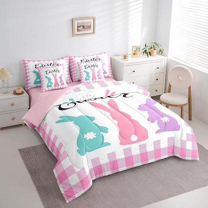 Feelyou Cute Easter Rabbit 7 Piece Bedding Set Full Size Pink Plaid Comforter Set with Sheets for Kids Bunny Print Bed in a Bag Spring Colorful Bed Set