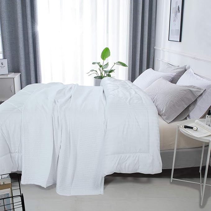 HILLFAIR 100% Combed Cotton Blanket– King Size Bed Blankets– Warm Soft All Season Breathable Lightweight Summer Blankets– Waffle Weave Home Decor Bed Blanket- White King Bed Cotton Blankets/Bedcovers