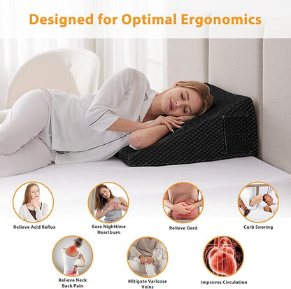 Wedge Pillow for Acid Reflux, Bed Wedge Pillow for Headboard 10", Pillow Wedge for Back Pain Relief, Post Surgery, Elevated Pillows for Sleeping, Snoring, Triangle Pillow with Cover, Black