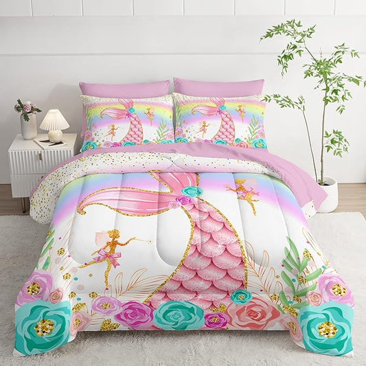 Mermaid Comforter Set Queen - 7 Piece Girls Bedding, Pink Teal Floral Bed Set, Soft Microfiber Comforter, Sheets, Pillowcases