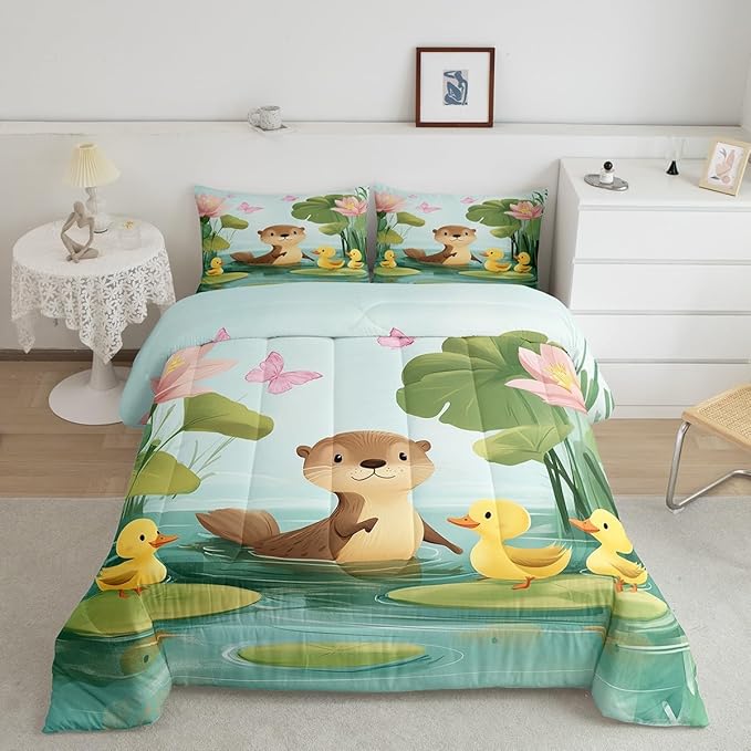 Cartoon Otter Kids Comforter Set Cute Duck Pink Lotus Butterfly Bedding Sets for Boys Girls Teens Lovely Wild Animal Rustic Style Quilted Comforter with 2 Pillowcases Queen Size 3 Pcs