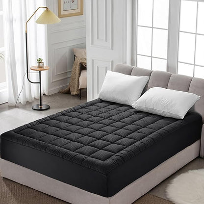 HYLEORY Queen Mattress Pad Quilted Fitted Mattress Protector Cooling Pillow Top Mattress Cover Breathable Fluffy Soft Mattress Topper with 8-21" Deep Pocket, Black