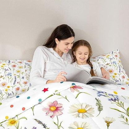 Erosebridal Wildflower Toddler Bedding Set for Girls,Cute Boho Floral Kids Comforter Sets,Colorful Flower Butterfly Bed Set,Bohemian Country Flowers Room Decor with 1 Pillowcase