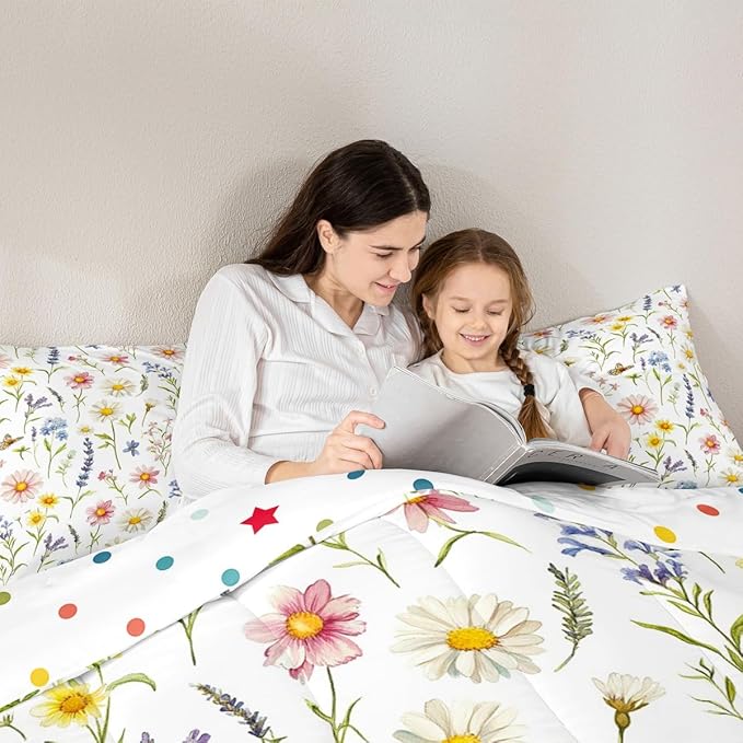Erosebridal Wildflower Queen Comforter Set for Girls,Cute Boho Floral Bedding Set for Kids Women,Colorful Flower Butterfly Quilt,Bohemian Country Flowers Bedroom Decor with 2 Pillowcases