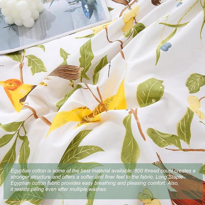 URBONUR 3 Pieces King Size Duvet Cover Set, 100% Cotton Percale Soft Breathable Smooth Comforter Cover Green Leaves & Birds Printed Bedding Set with Button Closure