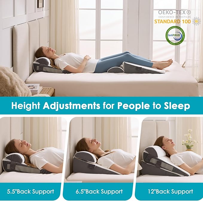 3Pcs Wedge Pillow Set for After Surgery,Acid Reflux Relief, Adjustable Bed Wedge Pillows for Sleeping,Anti Snore, Memory Foam Triangle Pillow for Back&Neck&Shoulder Pain Relief, White&Grey