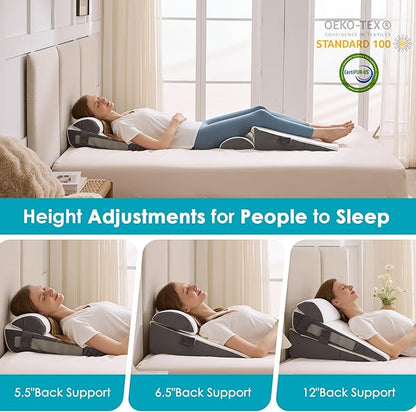 3Pcs Wedge Pillow Set for After Surgery,Acid Reflux Relief, Adjustable Bed Wedge Pillows for Sleeping,Anti Snore, Memory Foam Triangle Pillow for Back&Neck&Shoulder Pain Relief, White&Grey