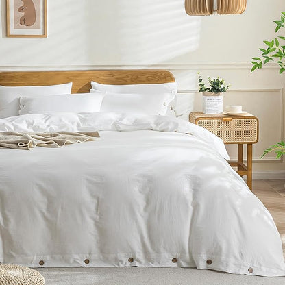 JELLYMONI Cotton Duvet Cover Twin Size - Bright White Comforter Cover with Button 100% Washed Cotton 2PCS Breathable Soft Solid Bedding Set Duvet Cover 68×90in & 1 Pillowcase (NO Comforter)
