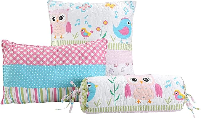 Cozy Line Home Fashions Happy Owl Twin - 6 Piece Pink Reversible Quilt Bedding Set, Coverlet, Bedspreads for Girls (1 Quilt + 1 Sham + 4 Decorative Pillows)