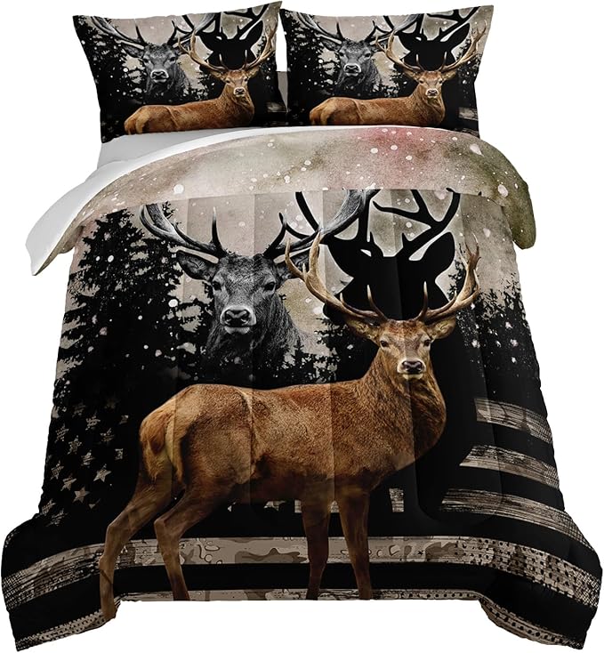 HOSIMA Snowy Forest Deer Comforter Set with 2 Pillowcases,Camo American Flag King Size Comforter Set Hunting Bedding for Teen Mens Bedroom Essentials,Wildlife Elk Comforter Boys Room Decor.