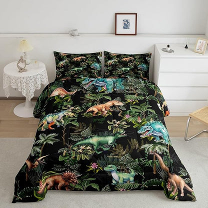 Watercolor Dinosaur Comforter Set Queen Size,Cartoon Dino Animal Oil Painting Style Bedding Set for Women Adult,Green Leaves Tropical Natural Plants Luxury Bed Duvet Insert, 2 Pillowcases