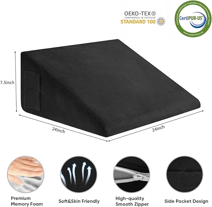 Wedge Pillow, 7.5 Inch Bed Wedge Pillow for Headboard, Pillow Wedge for Acid Reflux Relief, After Surgery, Sleeping，Back Pain Relief, Memory Foam Top, Black