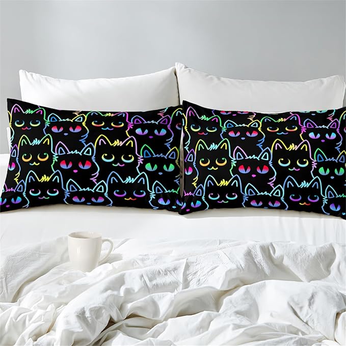 Cat Comforter Set for Girls Room-Colorful Cartoon Cats Bedding Bedroom Room Decor Ultra Soft All-Season with 1 and 2 Pillowcases,Queen Size