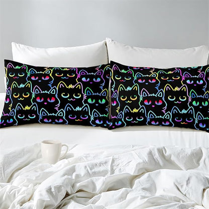 Cats Full Size Comforter Set for Girls - Cartoon Cats Bedding Set for Girls Room Lovely Cats Pattern Girls Bedding Set Soft Breathable Cats Comforter with 2 Pillowcases for All-Season