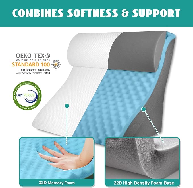 3PCS Wedge Pillow Set for After Surgery, Wedge Pillow for Acid Reflux Relief, Adjustable 9&12inch for Headboard, Orthopedic Memory Foam for Neck&Back Support, White/Grey