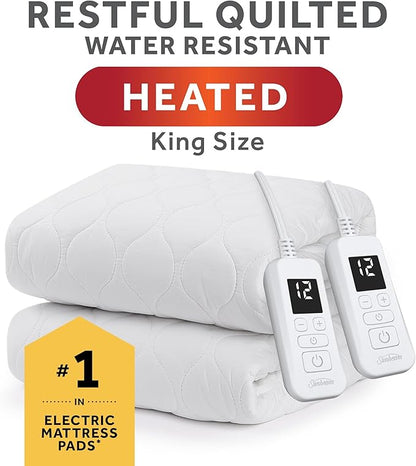 Sunbeam Electric Premium Water Resistant Restful Quilted Heated Mattress Pad, 12 Heat Settings, 12-Hour Selectable Auto Shut-Off, Fast Heating, Cozy Warming Bed, King, 76" x 80"