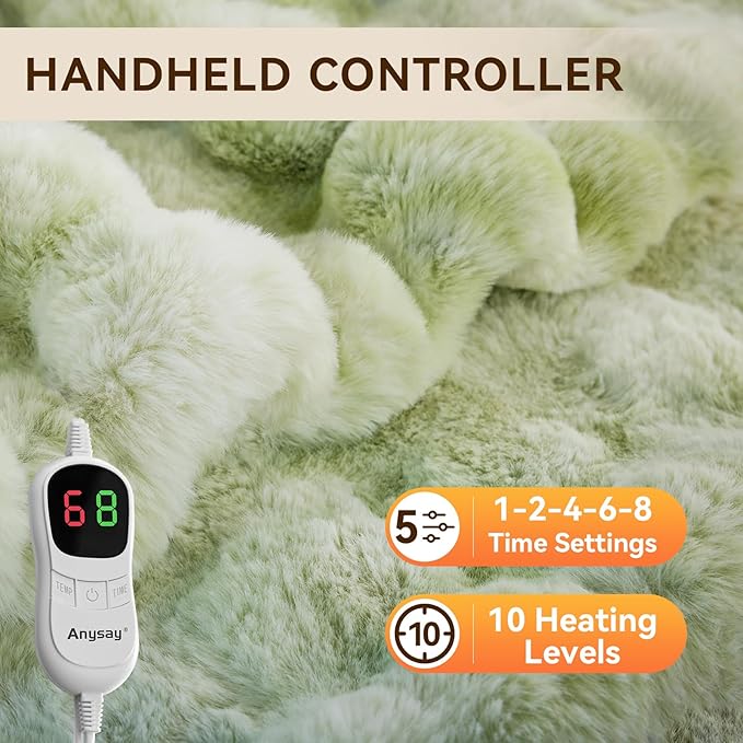 Heated Blanket Throw with 1/2/4/6/8 Hours Auto-Off 10 Heat Level, 72'' * 84'' Cozy Faux Rabbit Fur Bubble Electric Blanket with Overheat Protection(Tie-Dye Green)