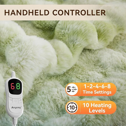 Heated Blanket Throw with 1/2/4/6/8 Hours Auto-Off 10 Heat Level, 62'' * 84'' Cozy Faux Rabbit Fur Bubble Electric Blanket with Overheat Protection(Tie-Dye Green)