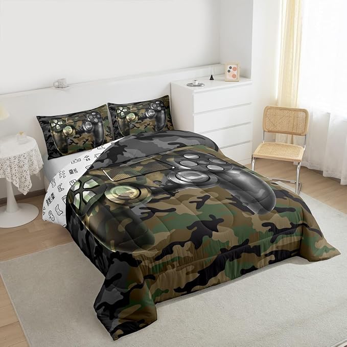 Feelyou Kids Gamer Comforter Set Camouflage Gaming Bedding Set for Boys Teens Bedroom Green Black Camo Video Game Decor Comforter Gamer Console Quilt Set Toddler Size Duvet Quilted 2Pcs