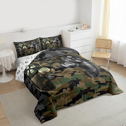 Feelyou Kids Gamer Comforter Set Camouflage Gaming Bedding Set for Boys Teens Bedroom Green Black Camo Video Game Decor Comforter Gamer Console Quilt Set Toddler Size Duvet Quilted 2Pcs