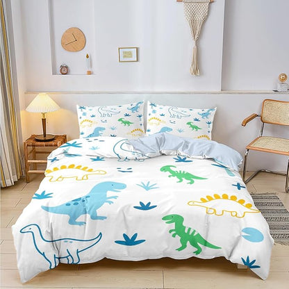 Dinosaur Duvet Cover Sets Queen Size for Kids Boys Girls Teens, Cute Cartoon Comforter Cover with 1 Duvet Cover 69x90 Inches and 1 Pillowcase 20x26 Inches (Queen,No Comforter)