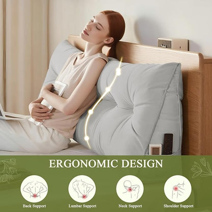 Headboard Pillow Queen, Large Triangular Wedge Headboard Pillow for Reading and Resting, Backrest Positioning Support Pillow with Removable Cover (Light Grey)