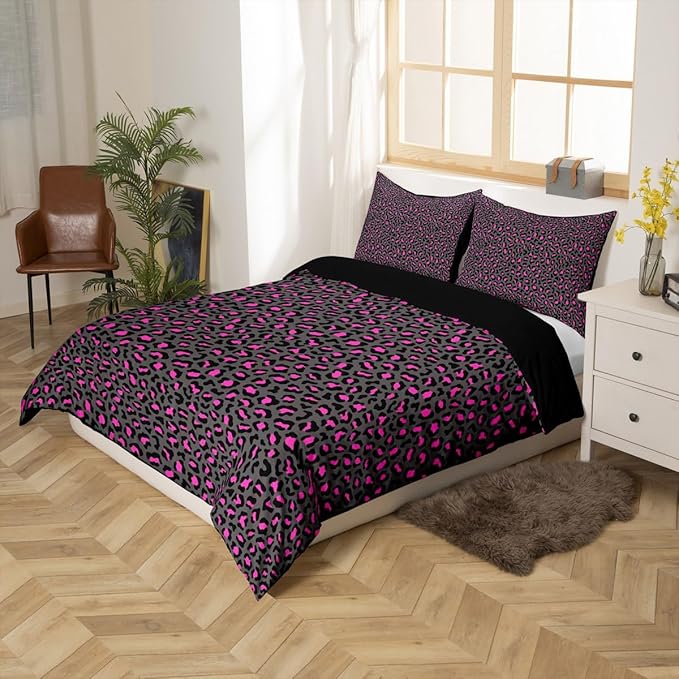 Leopard Print Duvet Cover Set King Size,Wild African Cheetah Animal Comforter Cover with 2 Pillowcases Bedspread,Pink and Grey Fur Microfiber Quilt Cover for Adult Women, 3 Pieces