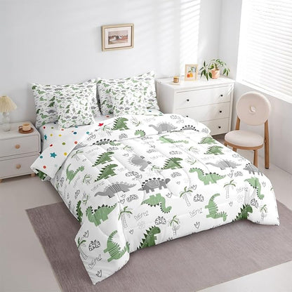 Feelyou Cute Dinosaur 7 Piece Bedding Set Green Grey Dinosaur Comforter Set with Sheets for Kids Boys Girls Nutrue Palm Tree Bed in a Bag Animal Theme Bed Set Soft Lightweight