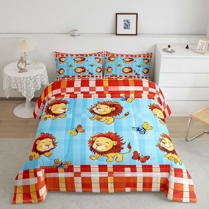 Cartoon Lion Comforter Set Toddler Size Cute Butterfly Bedding Set Bedroom Decor Tropical Jungle Animal Quilt Set for Kids Boys Girls Watercolor Geometric Grid Duvet Insert 2Pcs