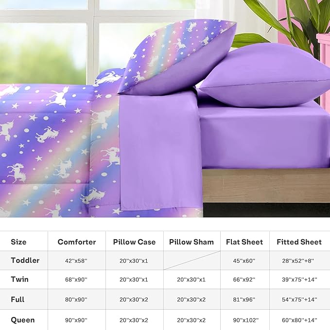 Nesker 7 Pcs Comforter Set Queen Size, Purple Colorful Bedding for Kids Teen, Unicorn Rainbow Starwith Fitted Sheet 2 Pillowcases & 2 Shams for Bedroom Bed Decor